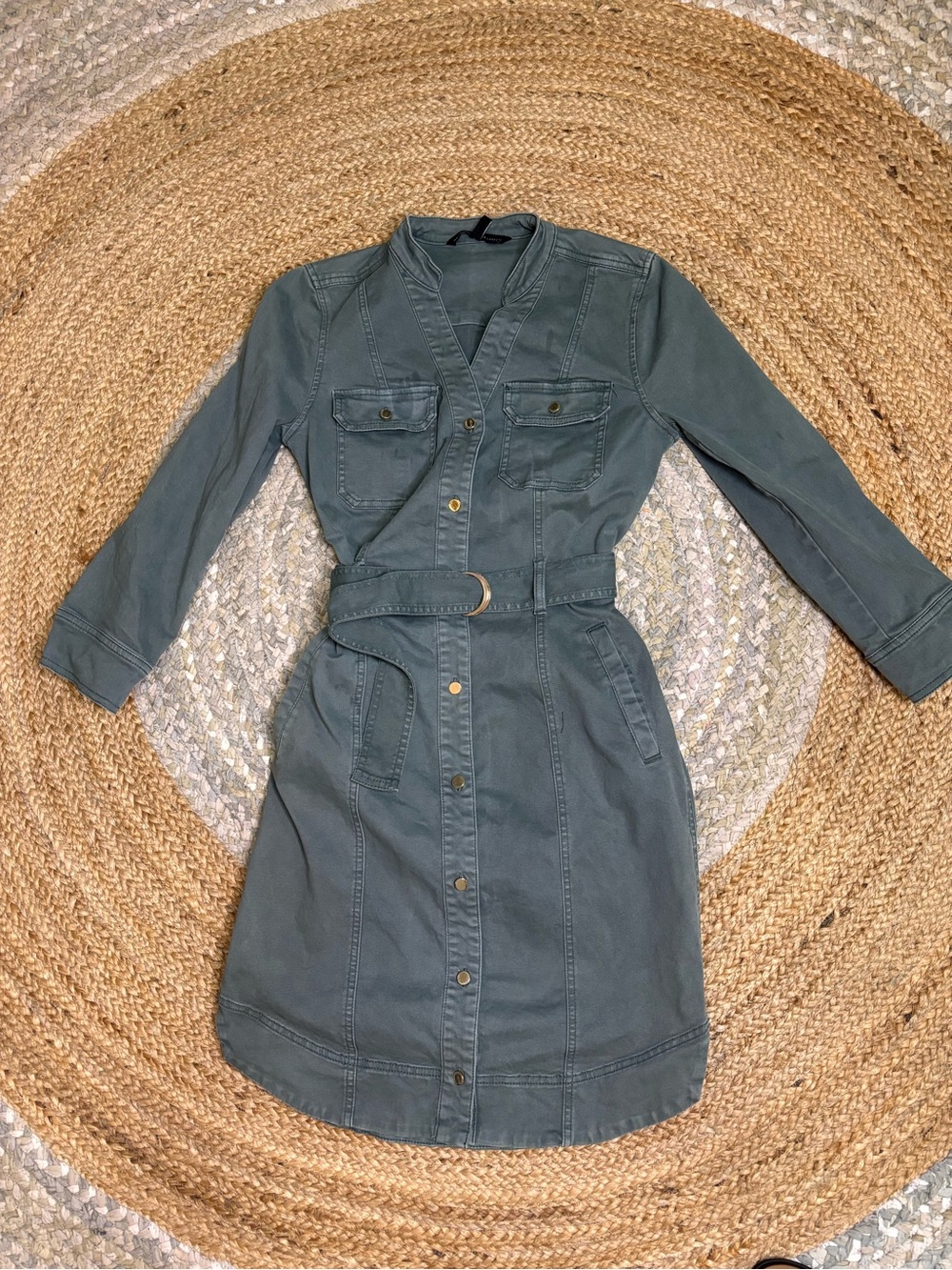 White House Black Market Slate Green Denim Shirt Dress with Belt